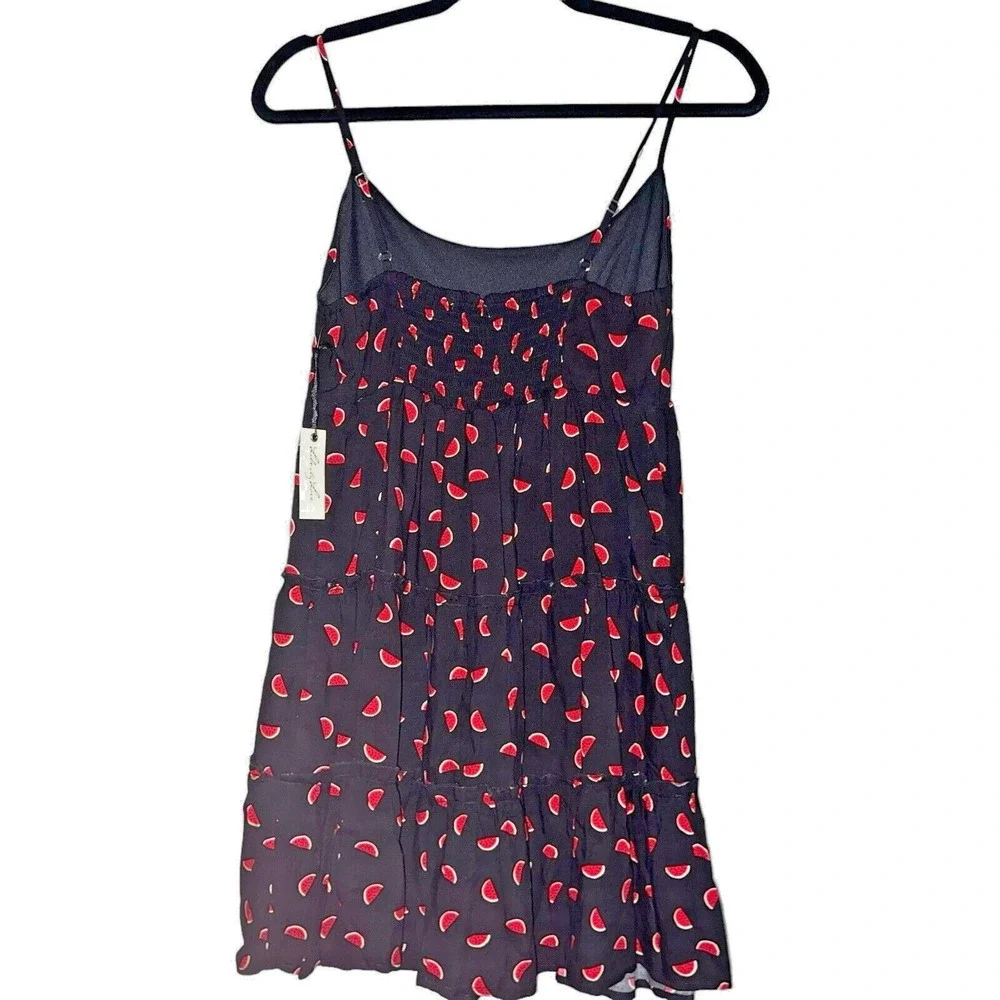 Lily White Watermelon Print Tiered‎ Mini Dress Black Red Smocked Back Adjustable